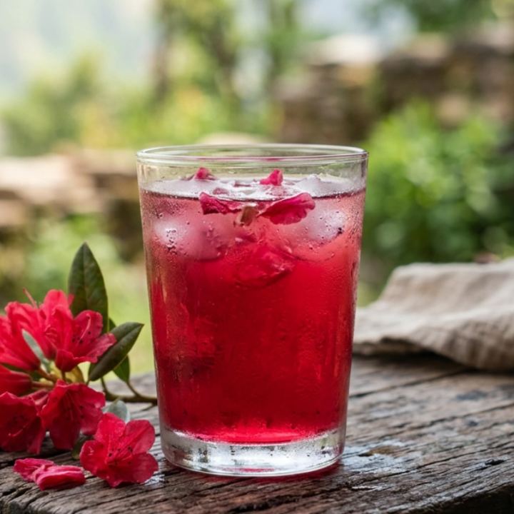 A glass of deep red buransh squash with ice and floating petals on a weathered wooden table, a spray of red rhododendron flowers beside it and a blurred green hillside behind.