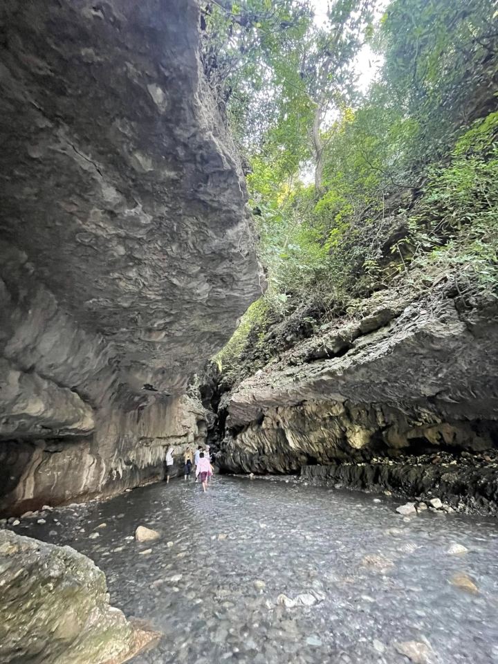 A narrow gorge with an overhanging rock wall on one side and trees leaning in above, a shallow stream running over pale gravel along its floor and a few people wading up it.
